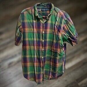 Ralph Lauren Men's Plaid Short Sleeve Button Up, Multicolor XL Shirt - Cotton